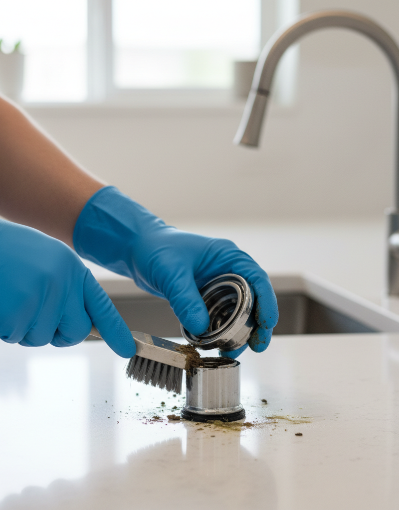 Homeowner cleaning a clogged dishwasher air gap on a kitchen countertop
