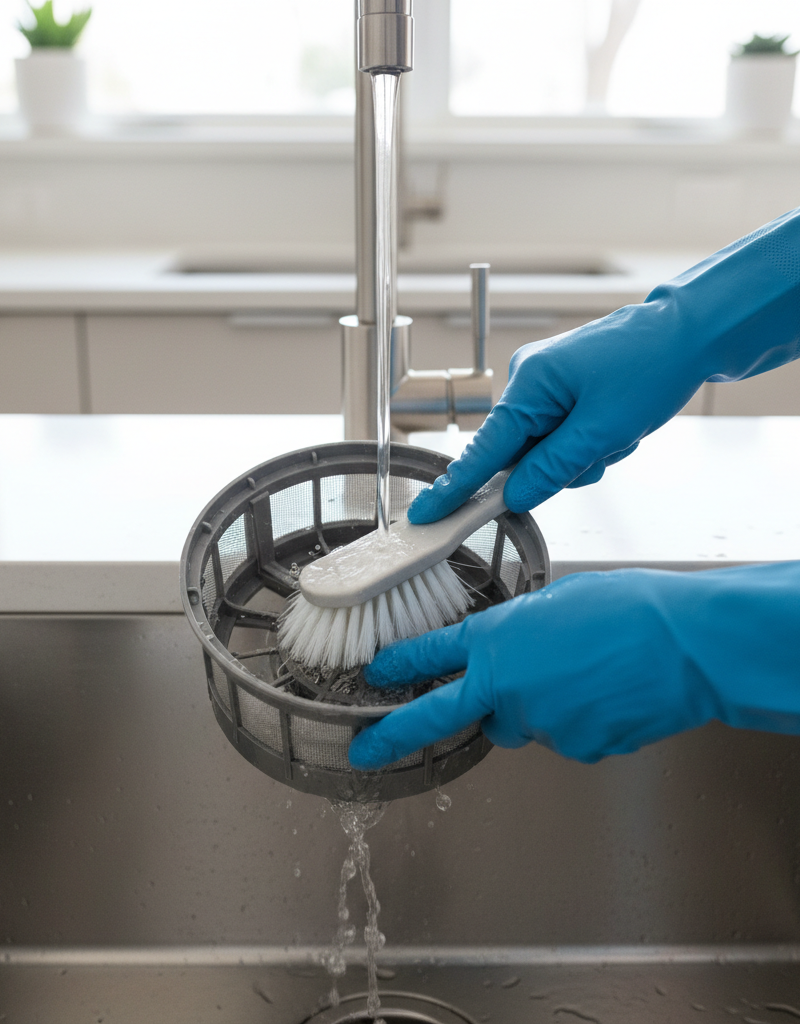 Person cleaning a dirty dishwasher filter under running water in a kitchen sink.
