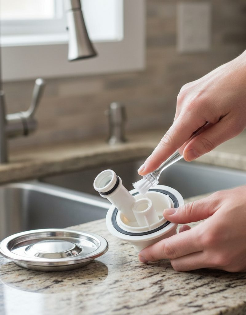 Homeowner's hands inspecting a dishwasher air gap on a kitchen countertop.