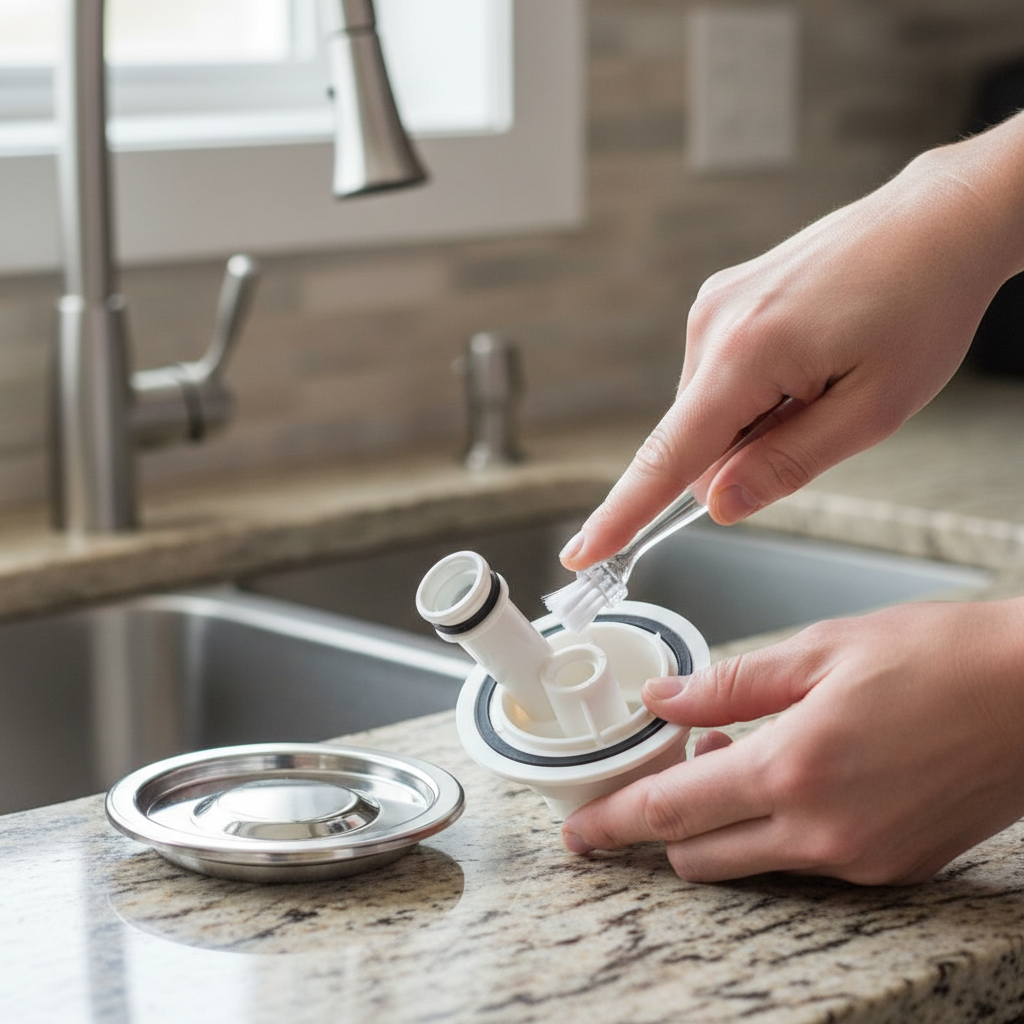 Homeowner's hands inspecting a dishwasher air gap on a kitchen countertop.