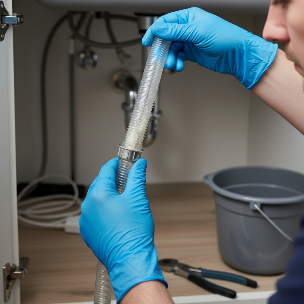 Homeowner inspecting a dishwasher drain hose for a clog under the kitchen sink with basic tools.