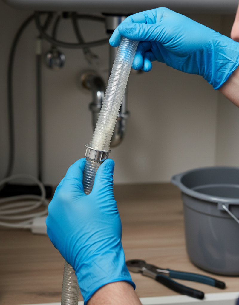 Homeowner inspecting a dishwasher drain hose for a clog under the kitchen sink with basic tools.