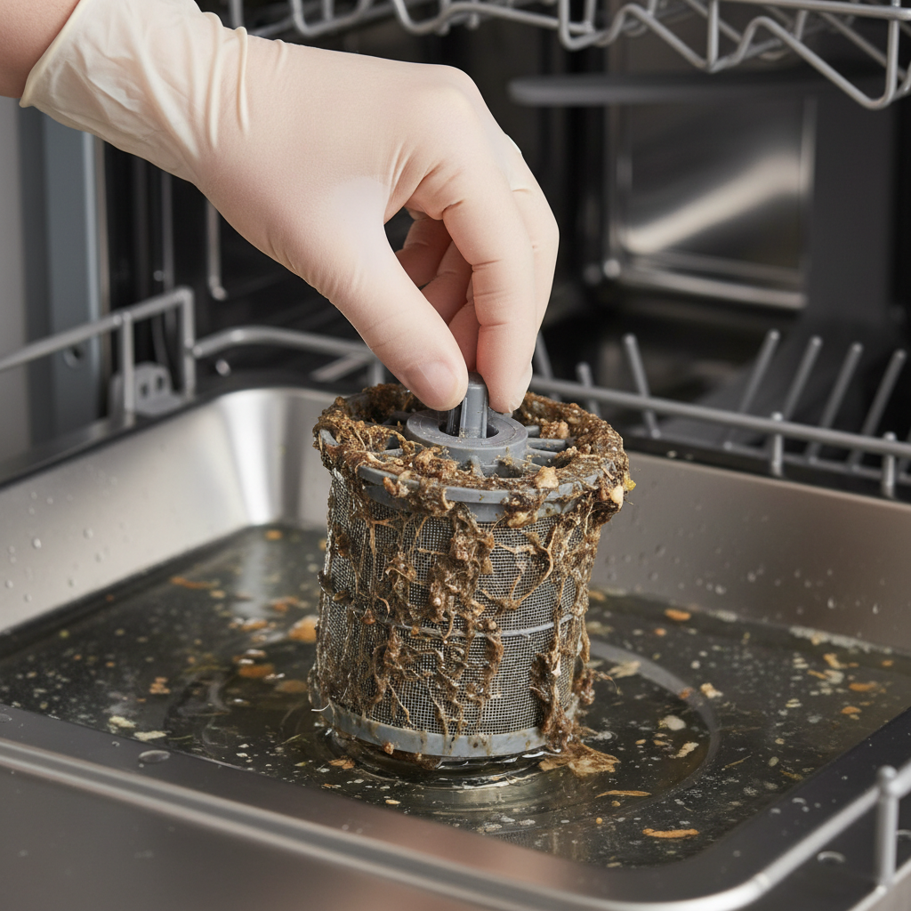 Homeowner removing and inspecting a dirty, clogged dishwasher filter from the bottom of a dishwasher with standing water.