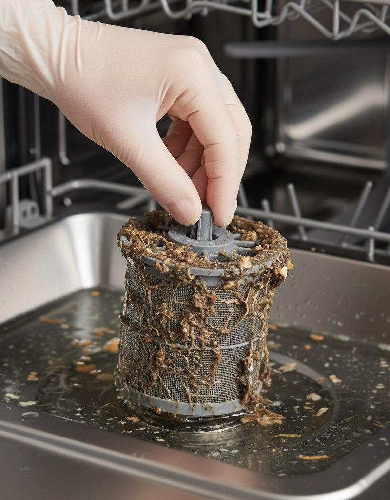Homeowner removing and inspecting a dirty, clogged dishwasher filter from the bottom of a dishwasher with standing water.