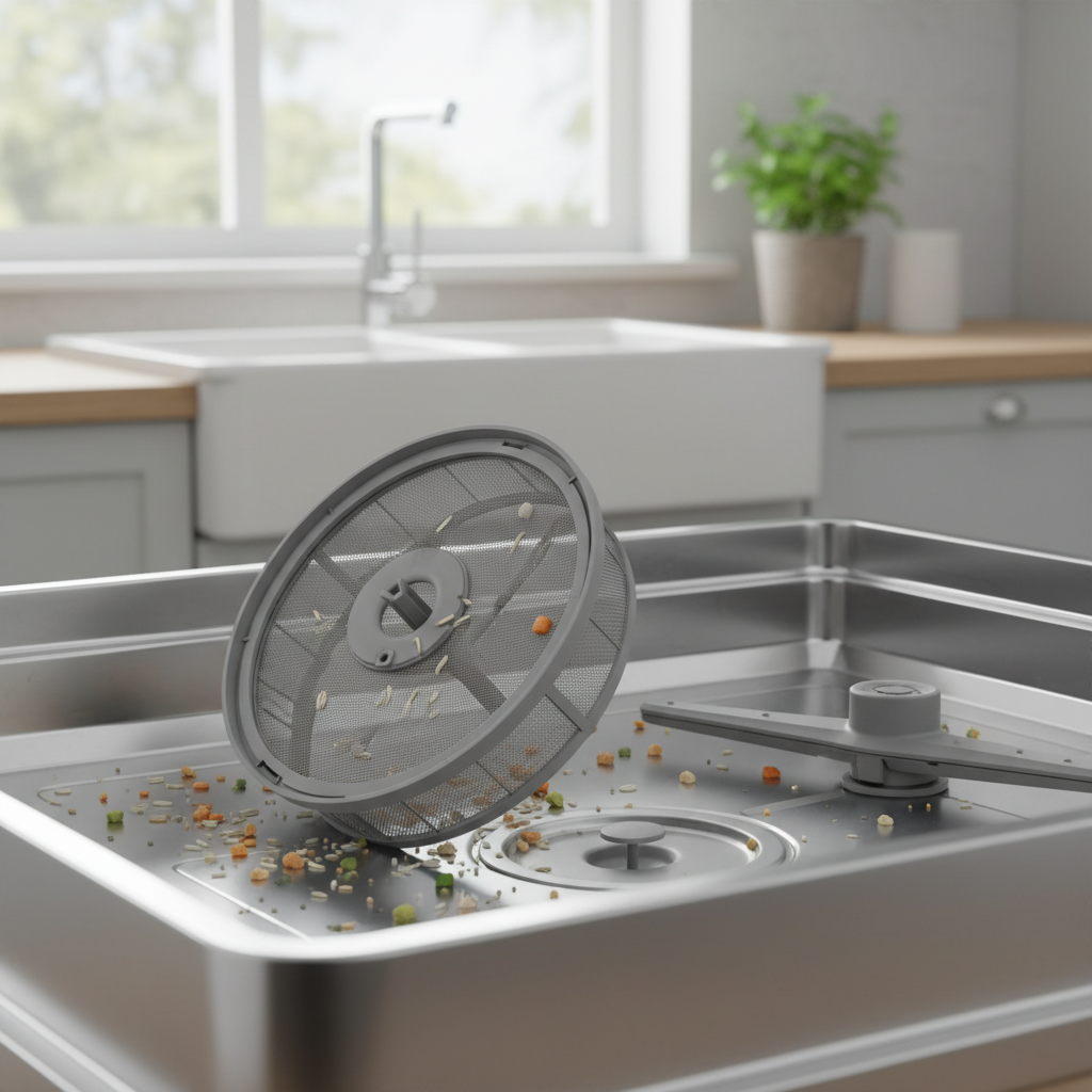 Dishwasher interior with filter removed, showing food debris accumulation at the bottom, indicating a clogged drain.