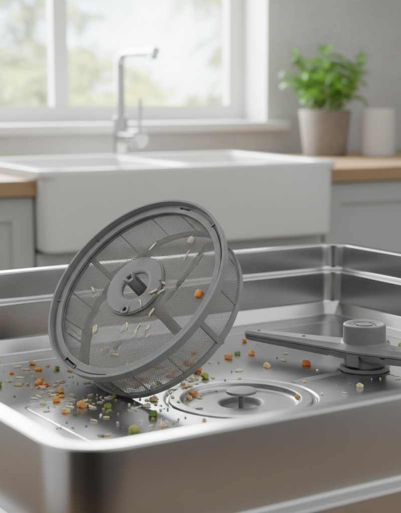 Dishwasher interior with filter removed, showing food debris accumulation at the bottom, indicating a clogged drain.