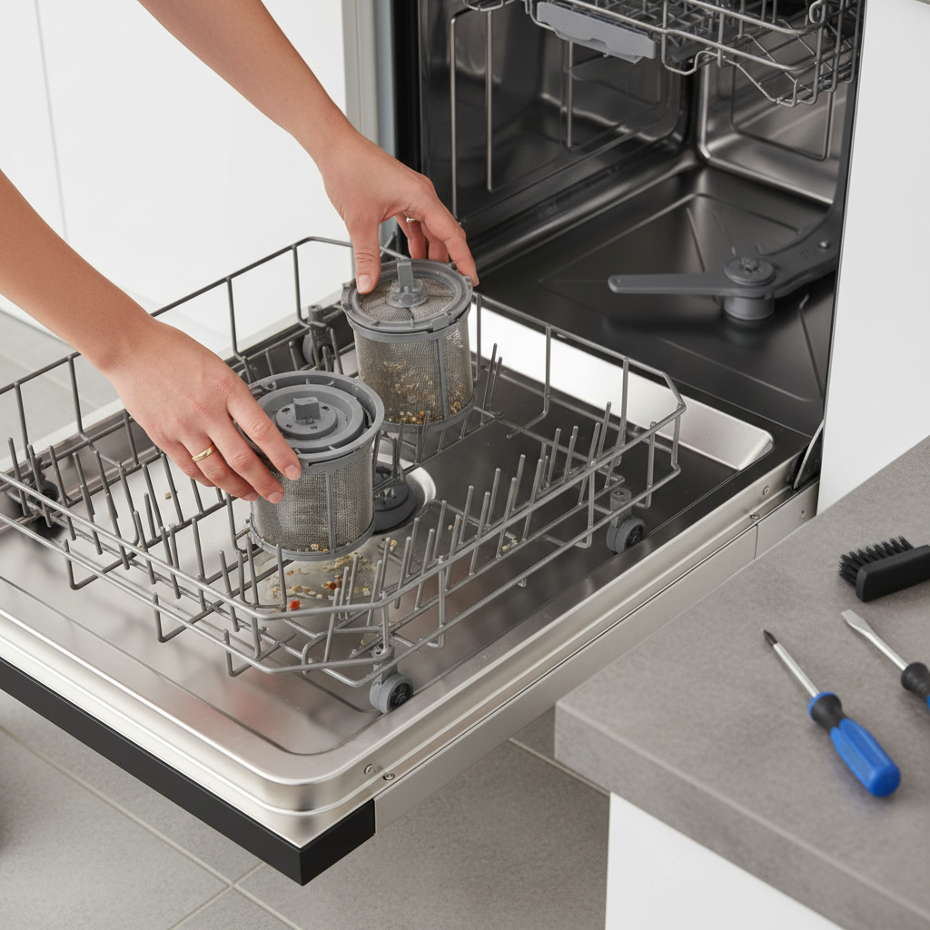 Homeowner inspecting and cleaning a dishwasher filter to fix a draining problem