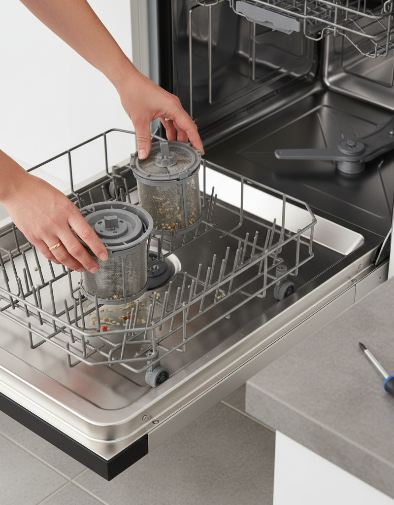 Homeowner inspecting and cleaning a dishwasher filter to fix a draining problem