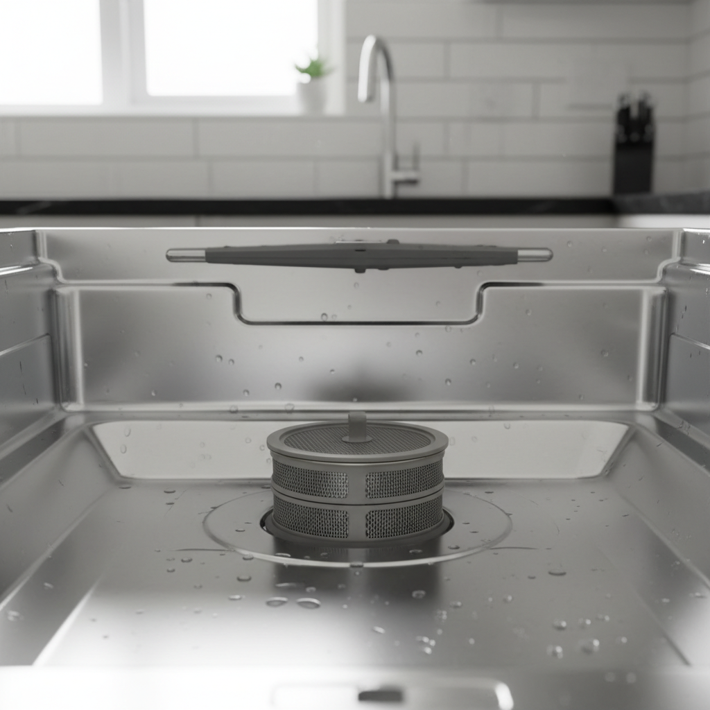 Standing water visible in the bottom of a dishwasher, emphasizing the drain filter