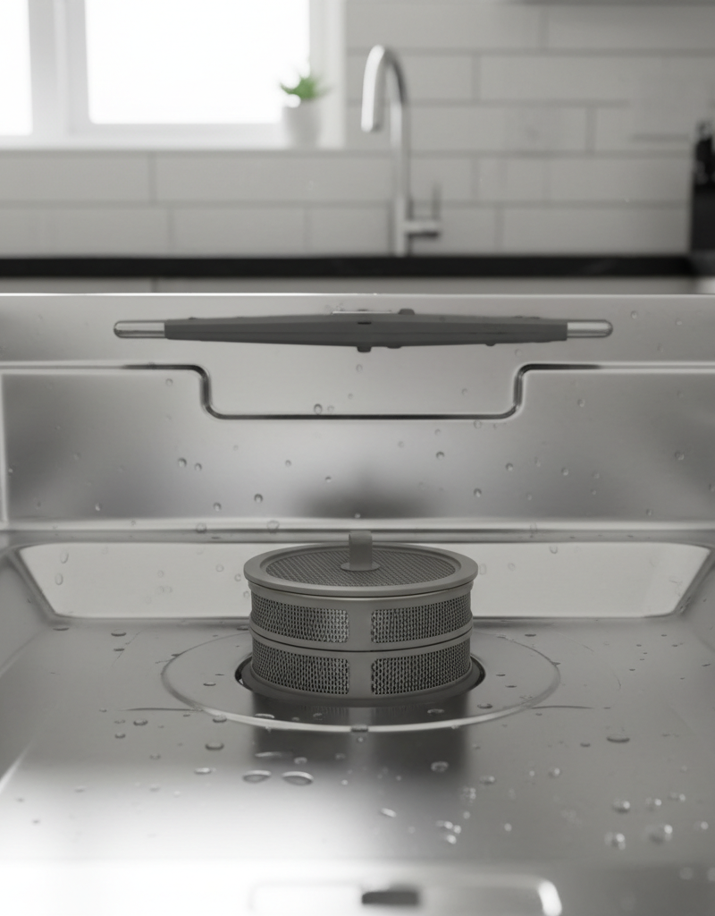 Standing water visible in the bottom of a dishwasher, emphasizing the drain filter