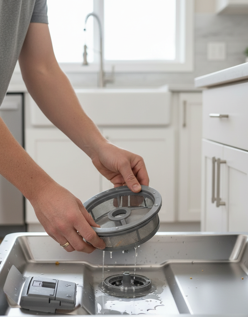 Homeowner inspecting and cleaning a clogged dishwasher filter with standing water in the tub.