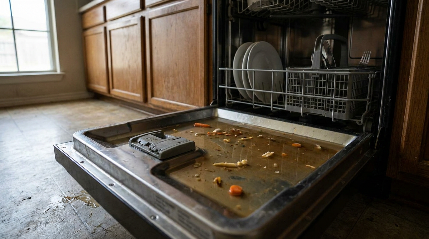 A pool of dirty standing water in the bottom of a dishwasher, a sign of a clogged drain.