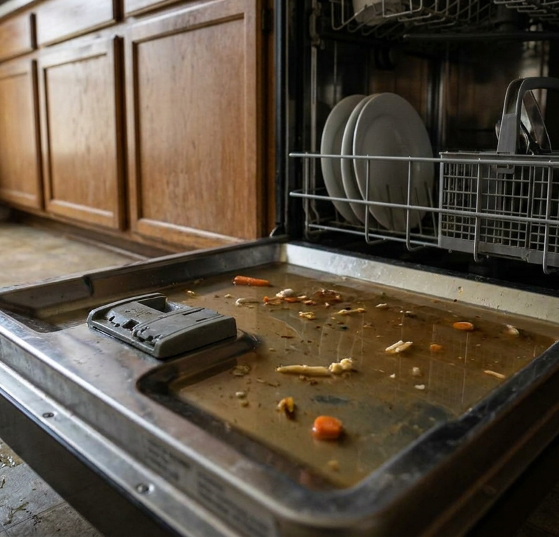 A pool of dirty standing water in the bottom of a dishwasher, a sign of a clogged drain.