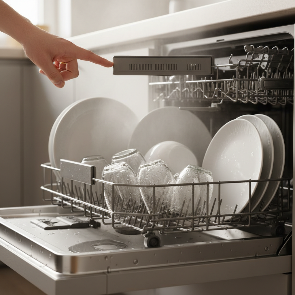 Close-up of wet dishes in a dishwasher, with a hand pointing to the dishwasher's vent, indicating a common problem for poor drying.