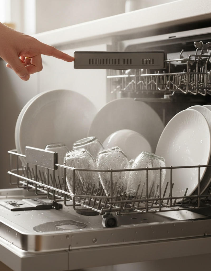 Close-up of wet dishes in a dishwasher, with a hand pointing to the dishwasher's vent, indicating a common problem for poor drying.