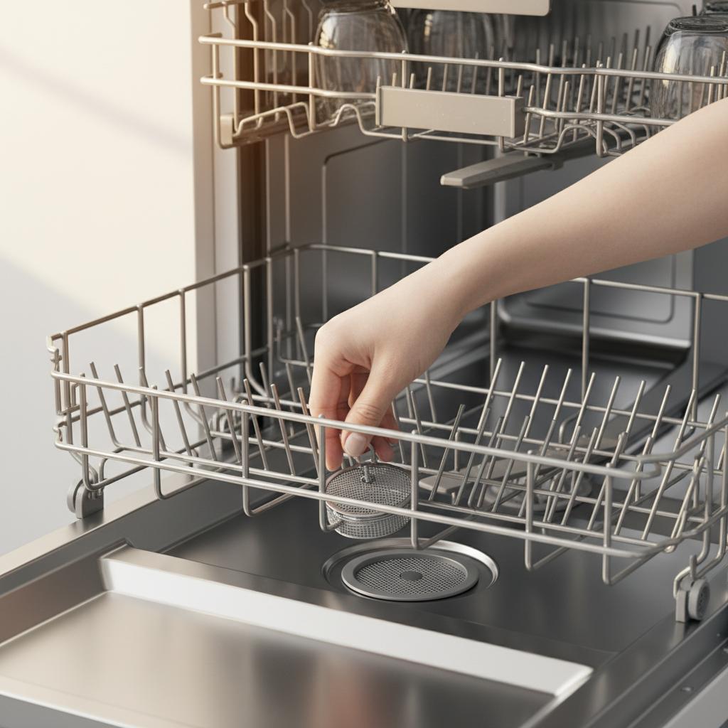 A spotless dishwasher interior with a hand checking the filter, emphasizing cleanliness.