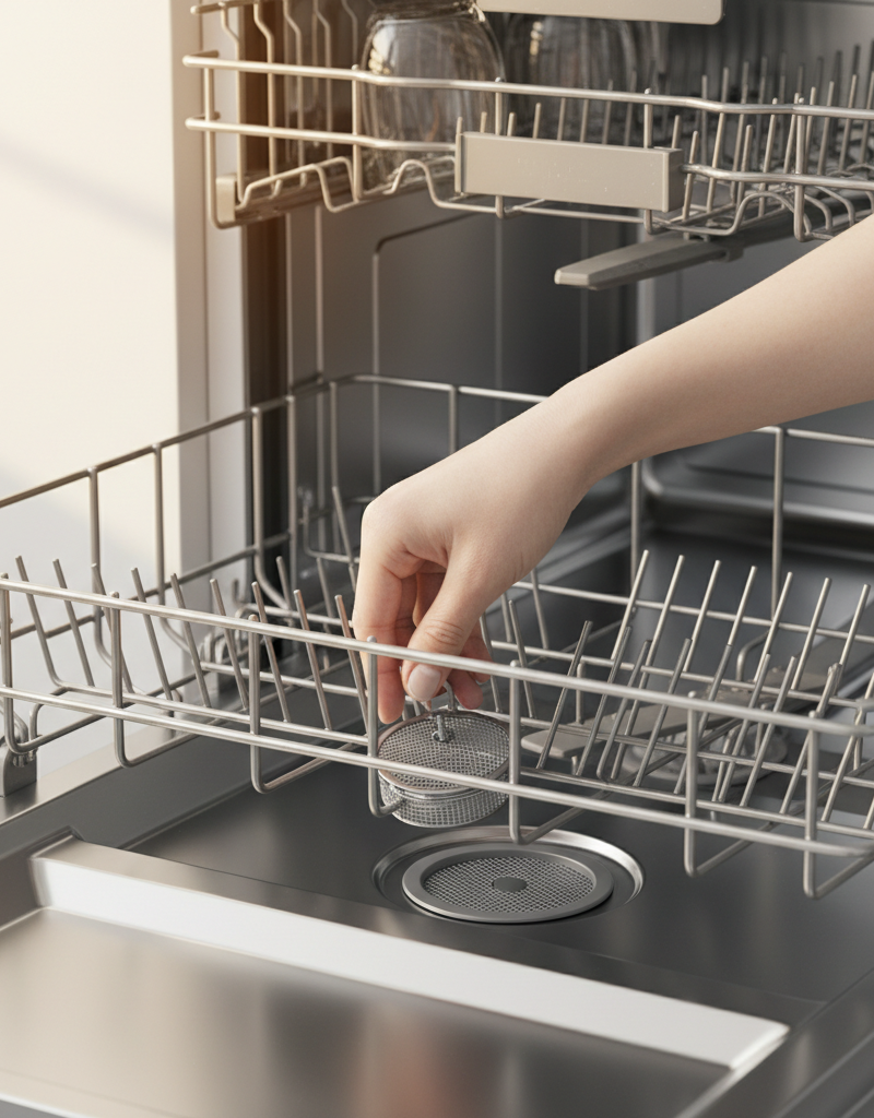 A spotless dishwasher interior with a hand checking the filter, emphasizing cleanliness.