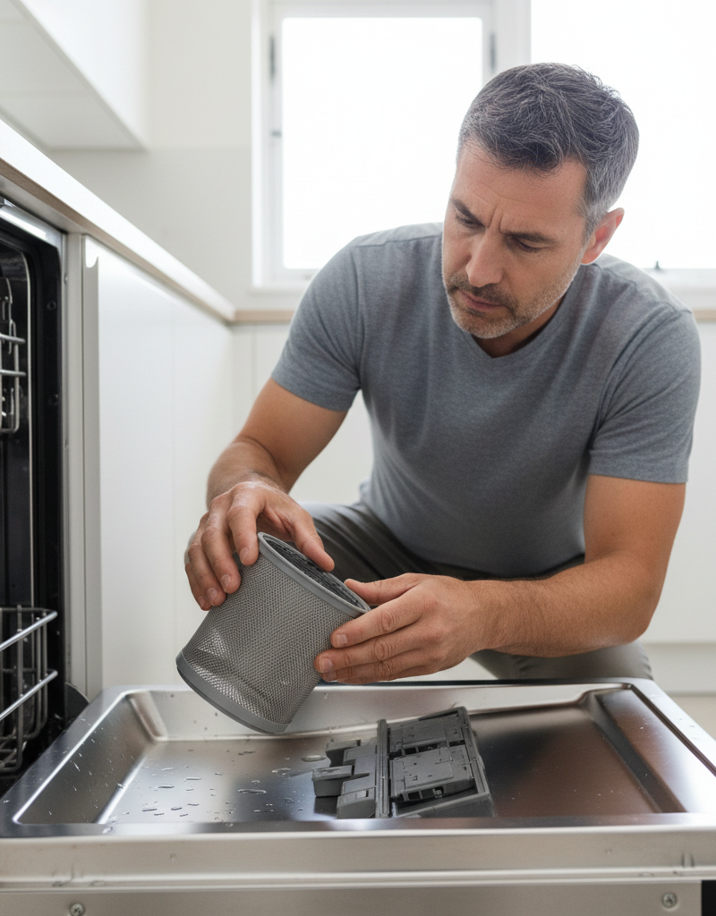 Man cleaning dishwasher filter, inspecting for food debris and grime causing bad odors.