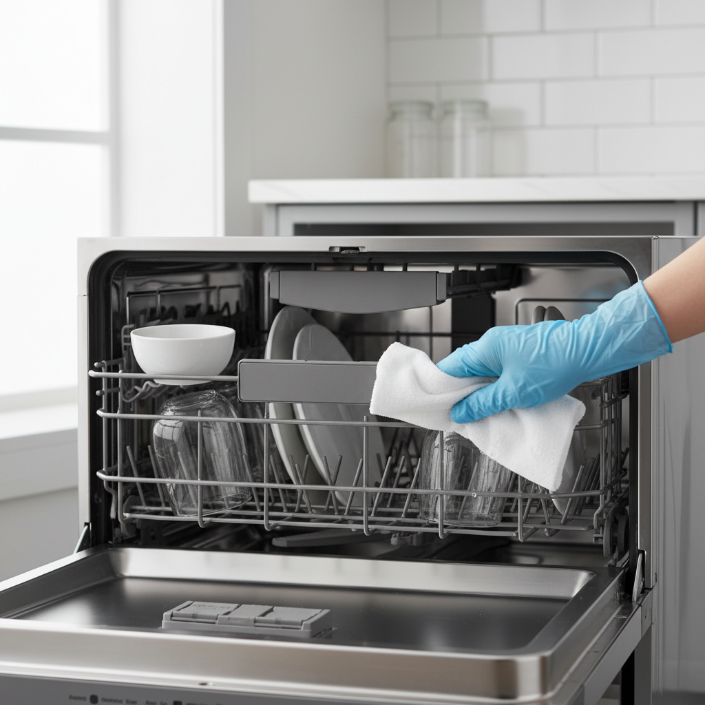 A person cleaning the rubber door gasket of a sparkling clean dishwasher interior with a cloth and white vinegar, suggesting a fresh, odor-free kitchen.