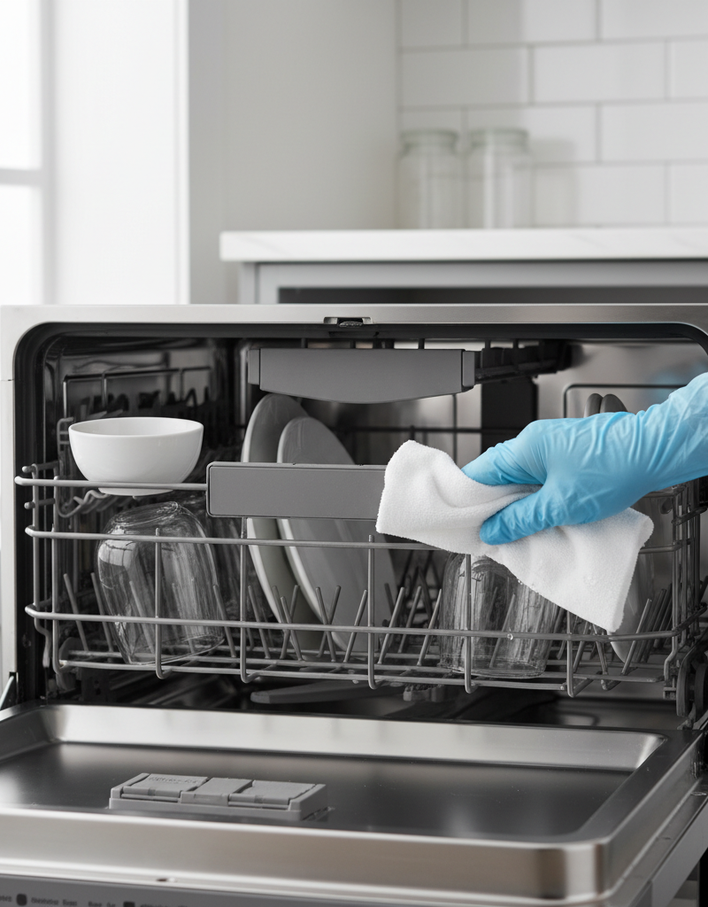 A person cleaning the rubber door gasket of a sparkling clean dishwasher interior with a cloth and white vinegar, suggesting a fresh, odor-free kitchen.