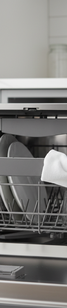 A person cleaning the rubber door gasket of a sparkling clean dishwasher interior with a cloth and white vinegar, suggesting a fresh, odor-free kitchen.