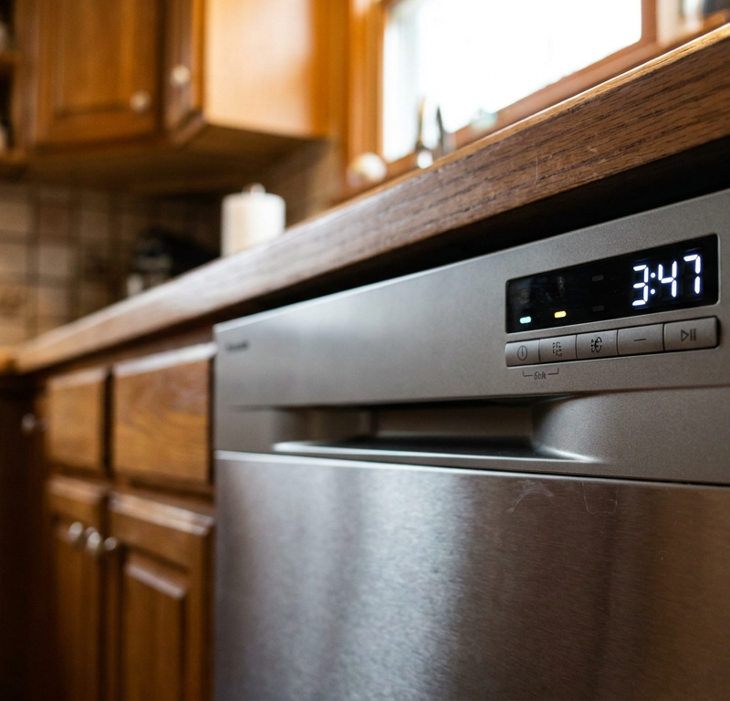 A close-up of a dishwasher's digital display showing that the wash cycle will take over three hours.