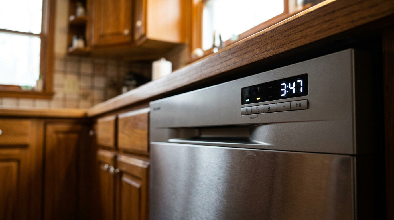 A close-up of a dishwasher's digital display showing that the wash cycle will take over three hours.