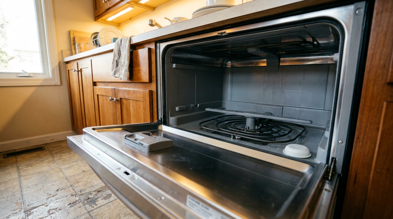 Dishwasher tub floor showing an empty interior, clean wash arm, and overfill float cylinder