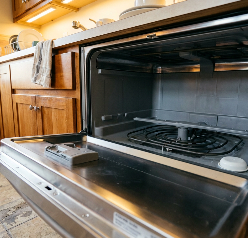 Dishwasher tub floor showing an empty interior, clean wash arm, and overfill float cylinder
