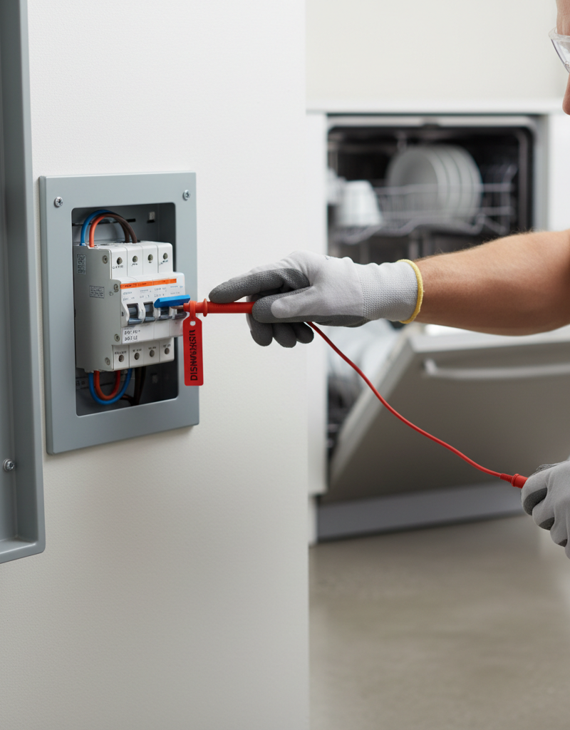 Homeowner checking a tripped circuit breaker for a dishwasher at an electrical panel.