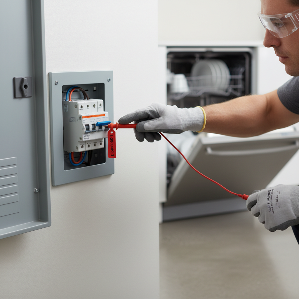 Homeowner checking a tripped circuit breaker for a dishwasher at an electrical panel.