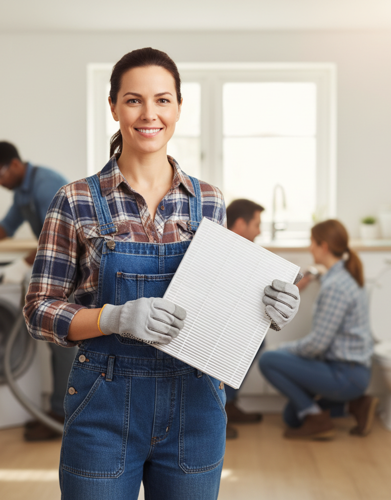 Homeowner holding an HVAC filter, illustrating easy DIY home repairs.
