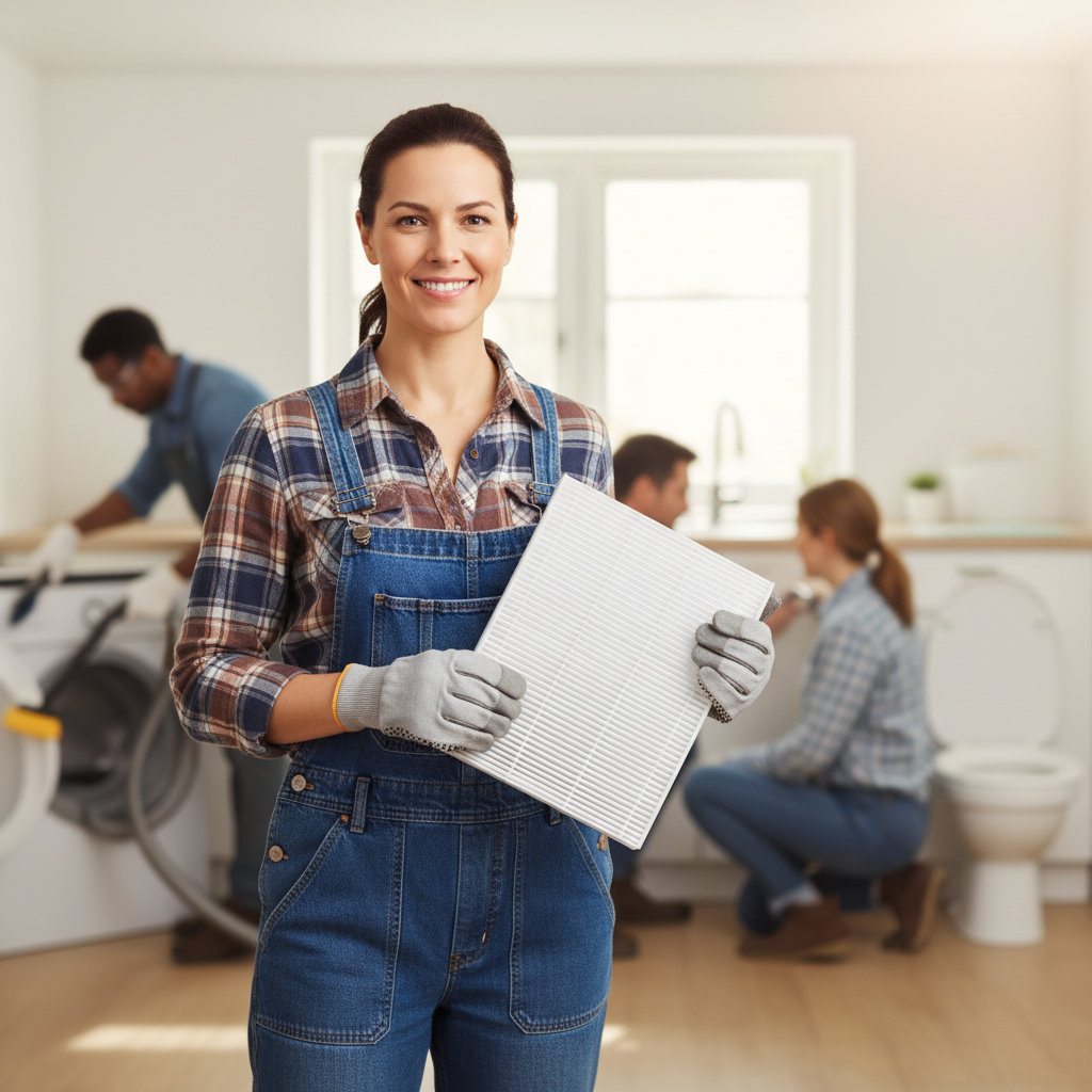 Homeowner holding an HVAC filter, illustrating easy DIY home repairs.