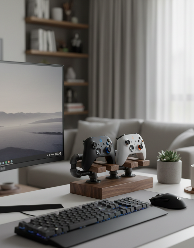 DIY gaming controller stand holding two controllers on a tidy desk.