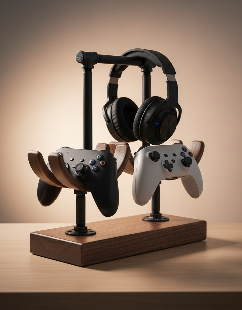 DIY gaming controller and headset stand made from walnut and black iron pipe fittings, holding two controllers and a headset on a wooden desk.