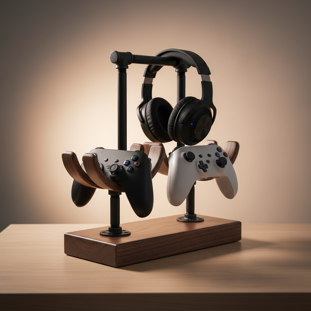 DIY gaming controller and headset stand made from walnut and black iron pipe fittings, holding two controllers and a headset on a wooden desk.