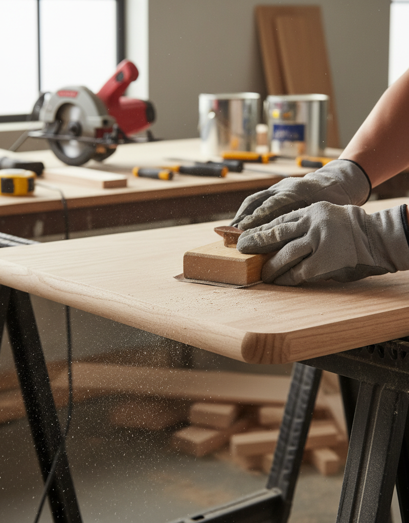 Hands sanding the edge of a DIY plywood shelf cover with front trim in a home workshop