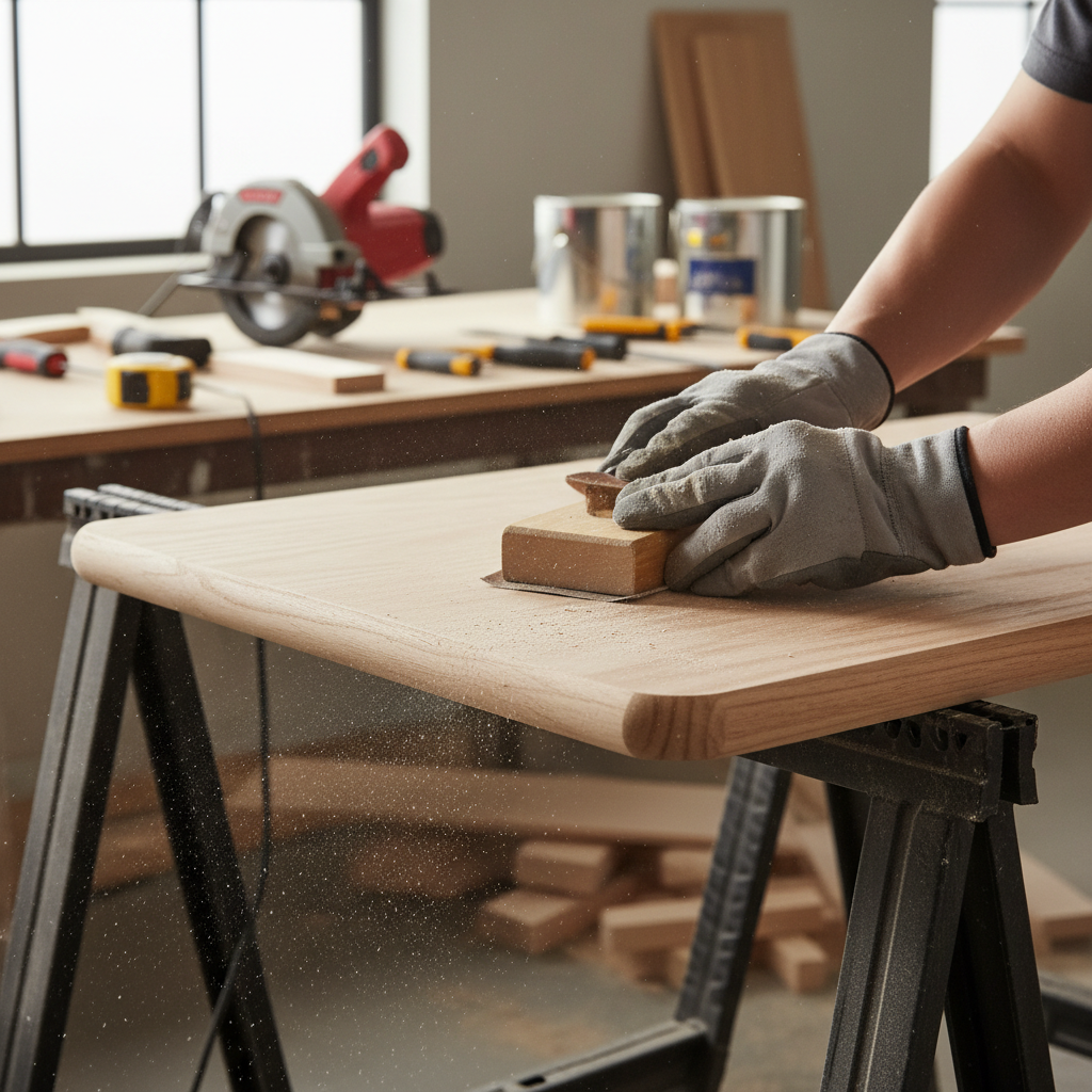 Hands sanding the edge of a DIY plywood shelf cover with front trim in a home workshop