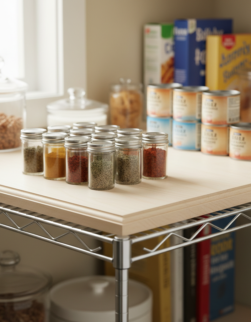 Custom-fitted wooden shelf cover transforming a wire shelf in a pantry