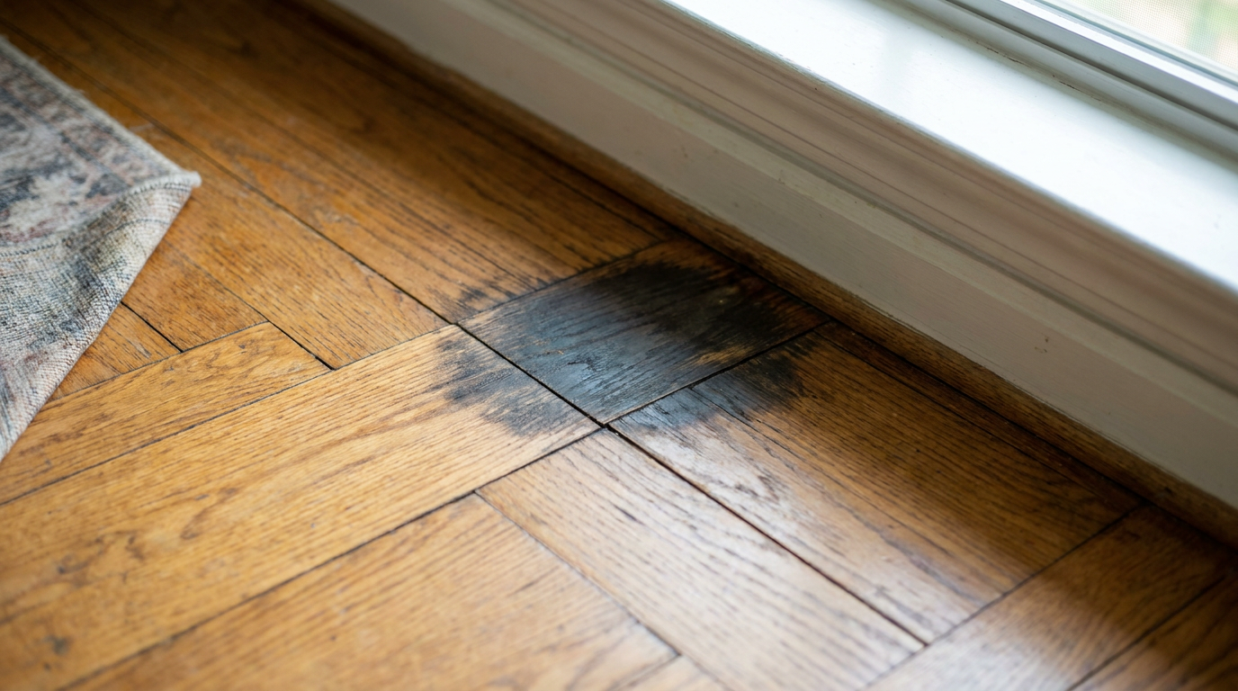 Dark pet urine water stain along seams of oak hardwood flooring next to baseboard