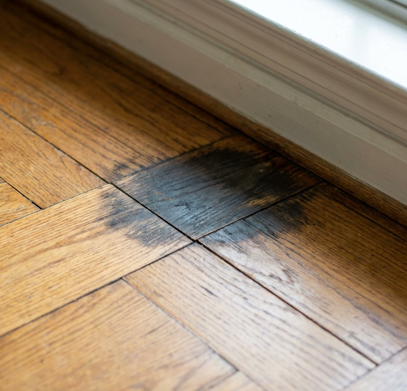 Dark pet urine water stain along seams of oak hardwood flooring next to baseboard