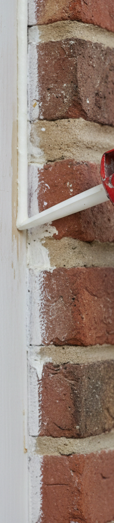Contractor's hand applying a bead of fresh caulk to an exterior door frame where the wood trim meets the brick siding