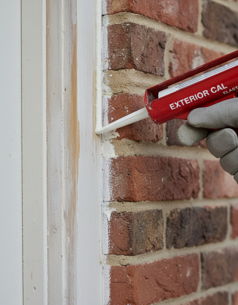 Contractor's hand applying a bead of fresh caulk to an exterior door frame where the wood trim meets the brick siding