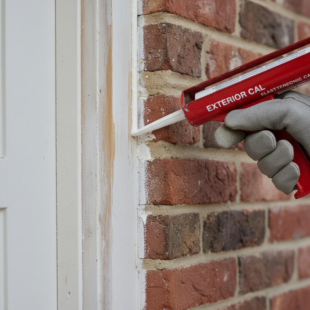 Contractor's hand applying a bead of fresh caulk to an exterior door frame where the wood trim meets the brick siding