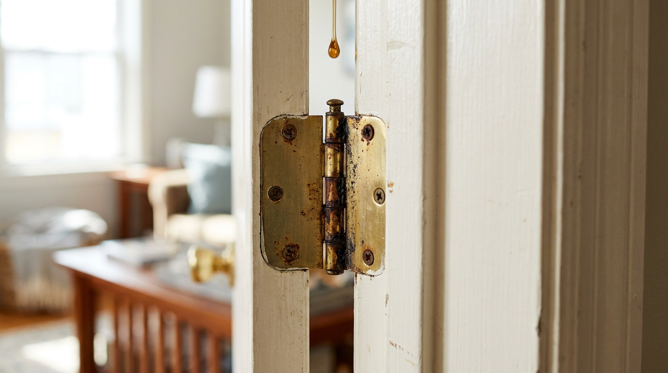 A close-up of a squeaky door hinge getting lubricated with oil to fix the noise.