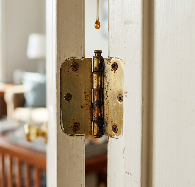 A close-up of a squeaky door hinge getting lubricated with oil to fix the noise.