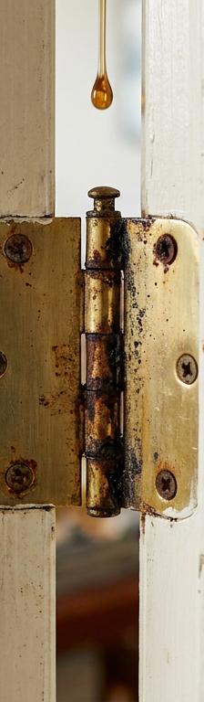 A close-up of a squeaky door hinge getting lubricated with oil to fix the noise.