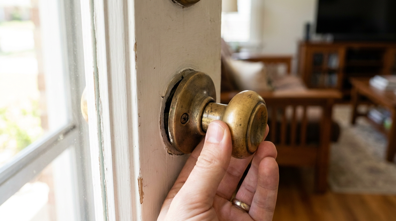 A hand wiggling a loose and wobbly brass door knob on a white door.