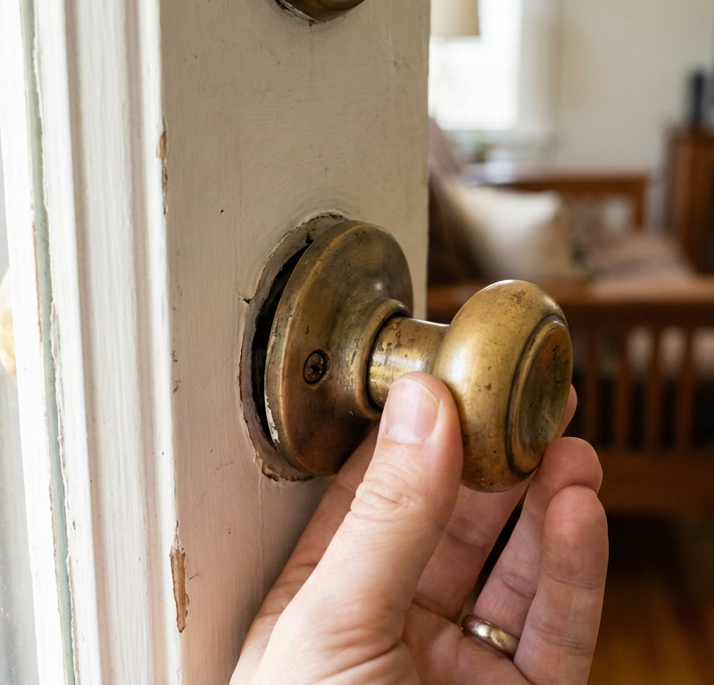 A hand wiggling a loose and wobbly brass door knob on a white door.