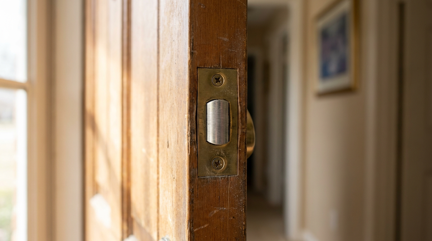 Close-up of a stuck interior door latch flush inside the door edge plate
